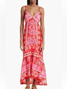 New CAROLINE CONSTAS Red Floral Summer Linen Blend Embroidered V-Neck Maxi Dress